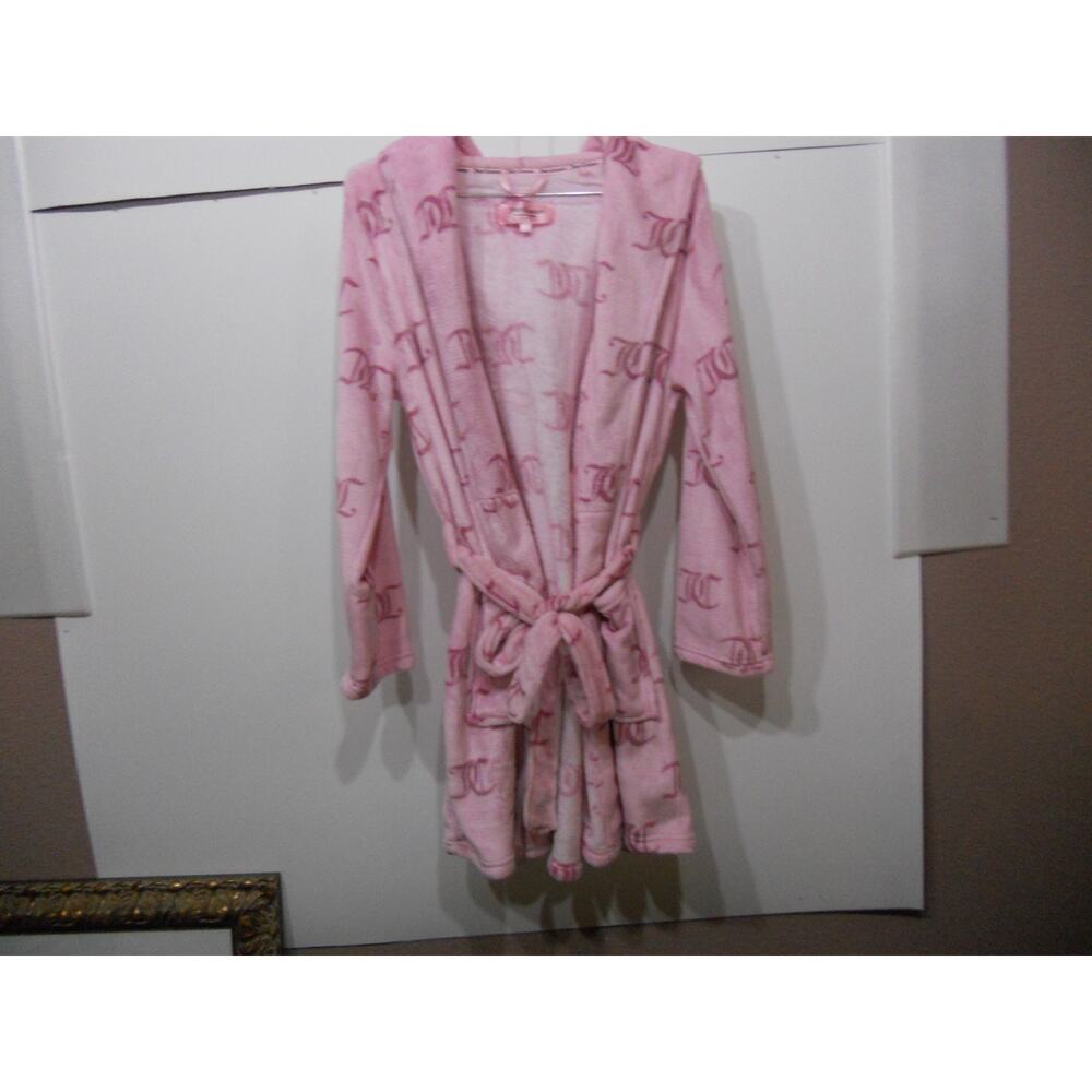 Juicy Couture Bath Robe Womens S/M Pink Belted Logo All Over Print Pockets